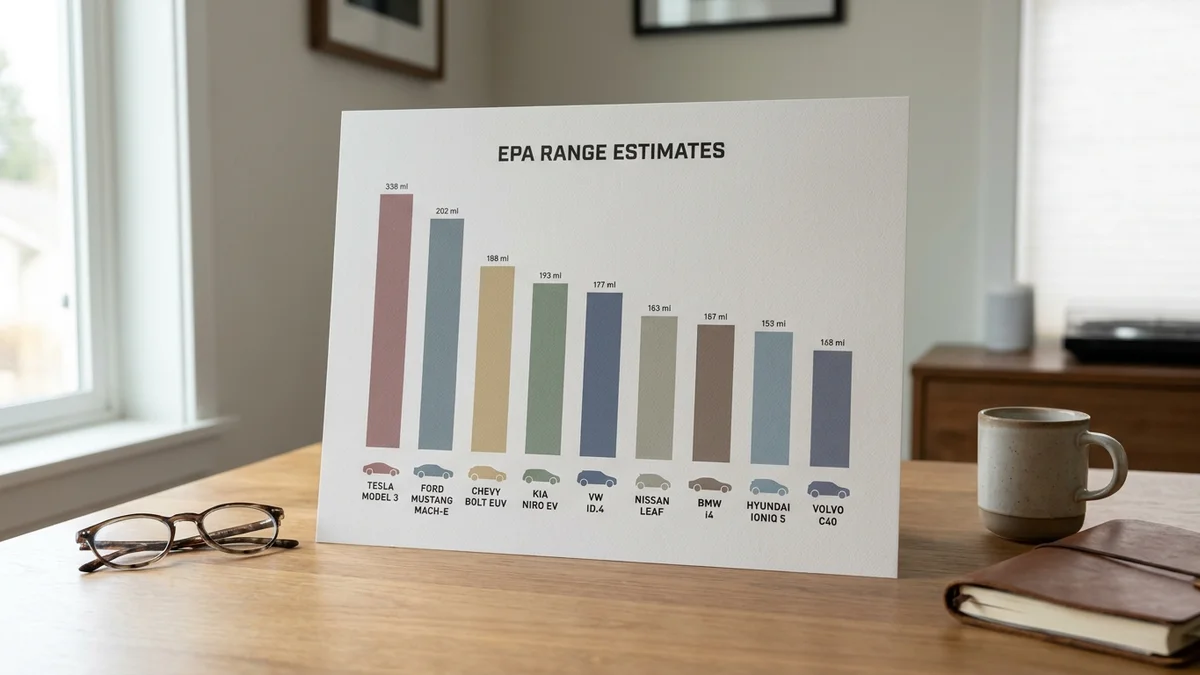 Bar chart showing EPA range in miles for nine electric cars under $50