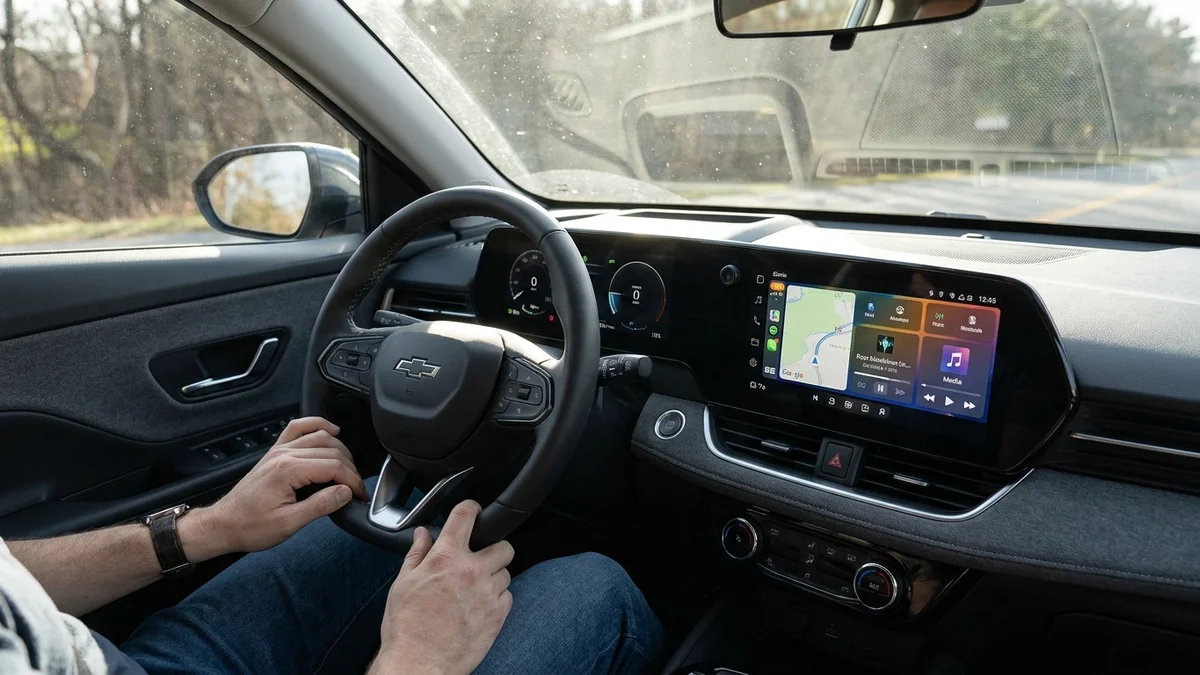 Modern electric SUV dashboard with large touchscreen and hands on steering wheel