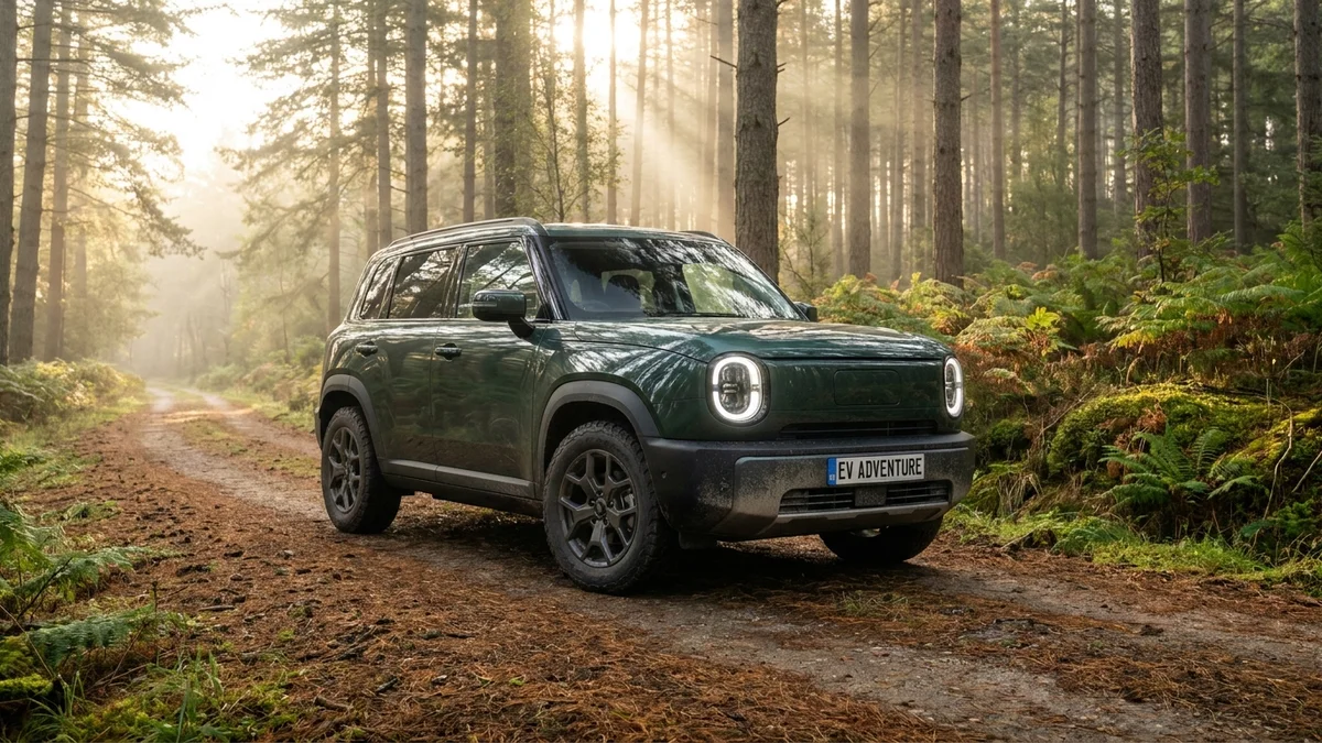 Green compact electric SUV parked on a dirt forest trail at sunrise