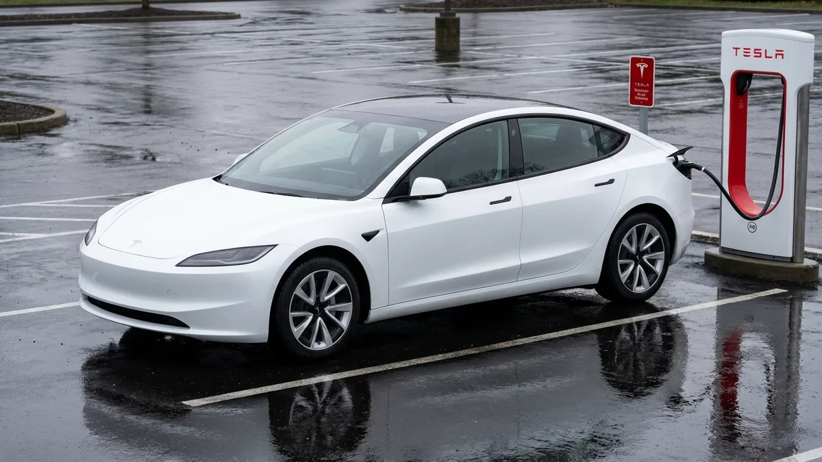 White Tesla Model 3 Highland plugged into a Supercharger stall