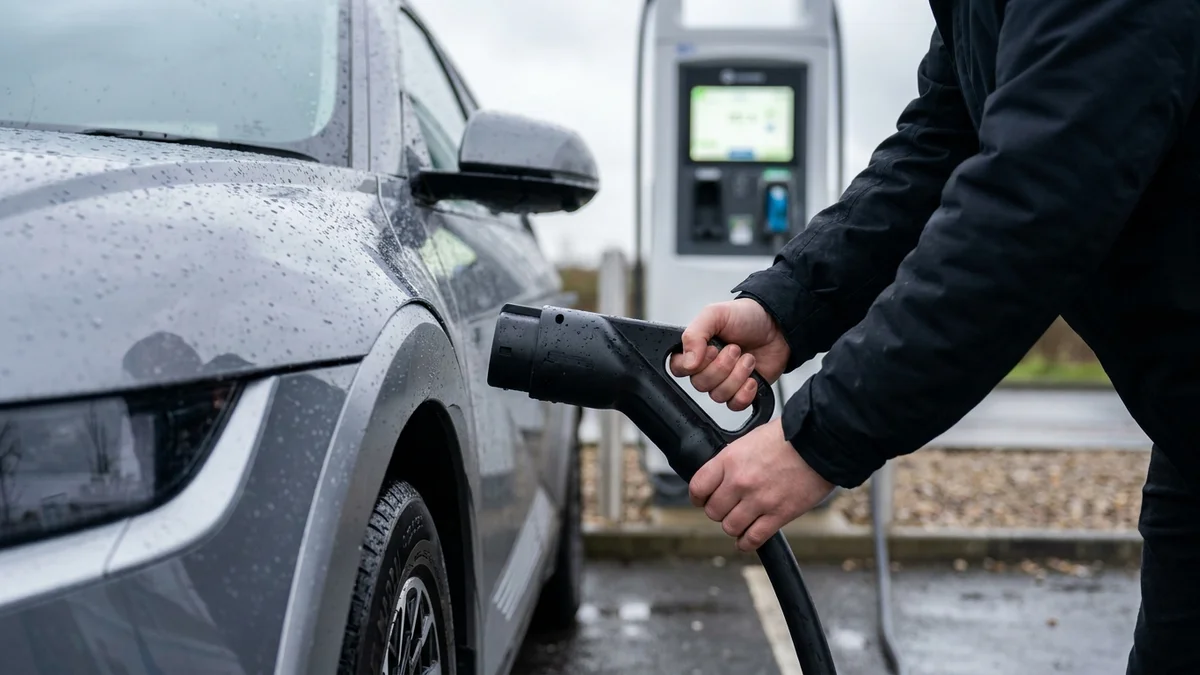 Driver plugging a DC fast-charging cable into a Hyundai Ioniq 5