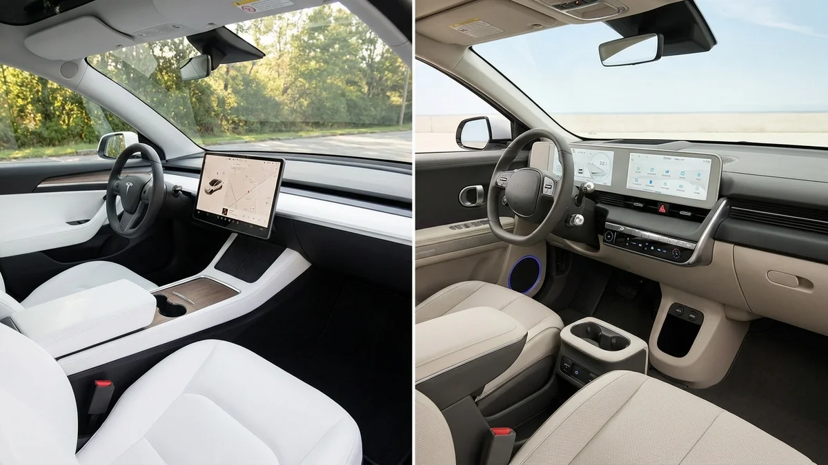 Tesla Model Y minimalist interior next to Hyundai Ioniq 5 dual-screen dashboard