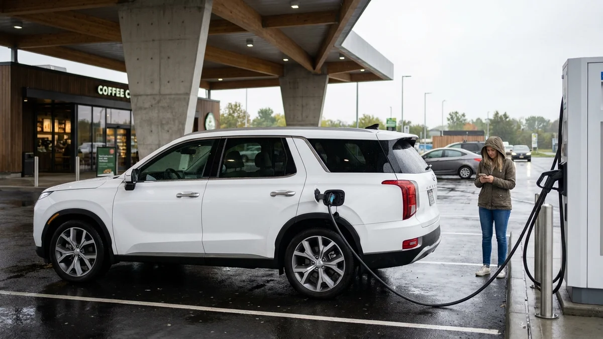 Driver charging a large three-row electric SUV at a highway DC fast charging station