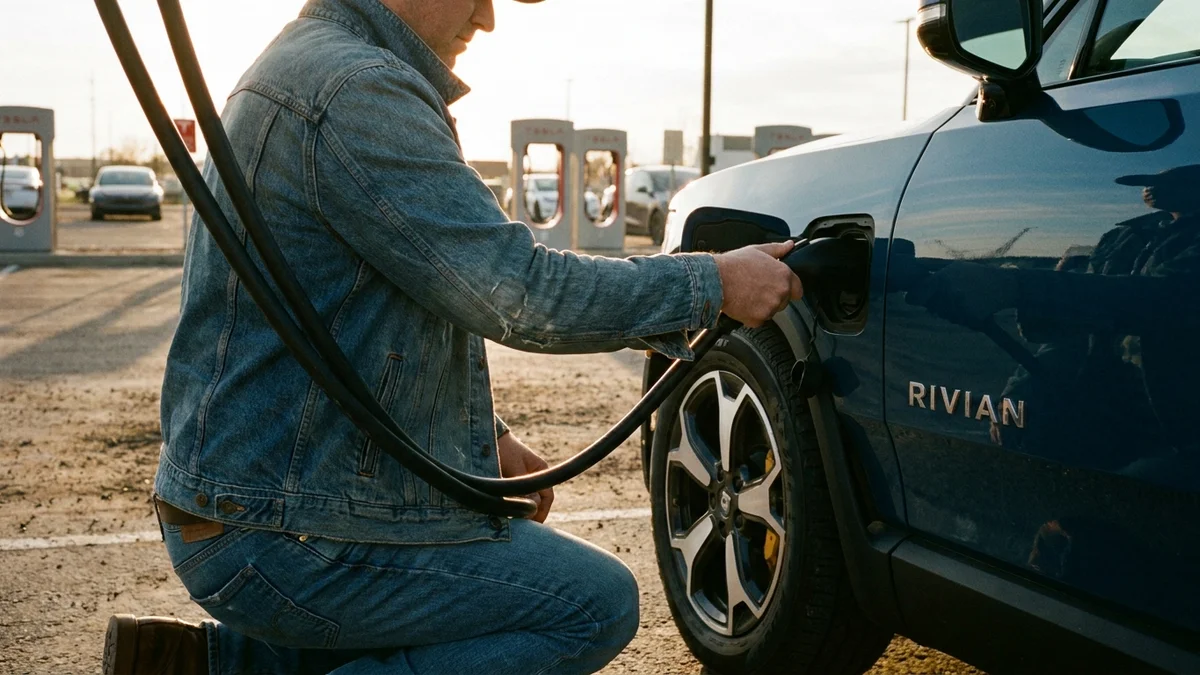 Driver plugs Rivian R2 into Tesla Supercharger station