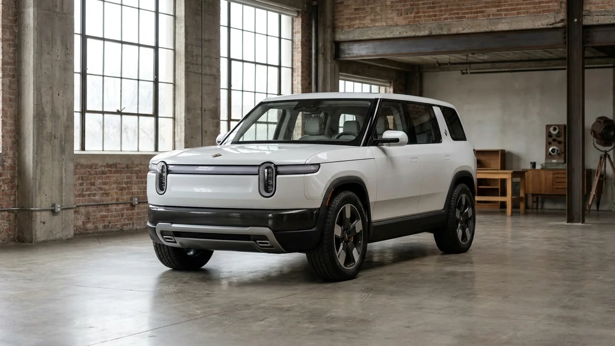 Rivian R2 electric SUV front three-quarter view in white